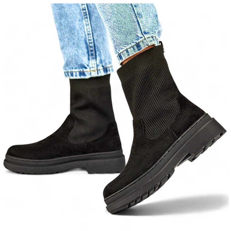 Botines de ante para mujer con parte superior estilo calcetín, negro HB-175B 1