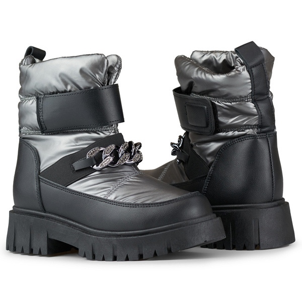 Botas de nieve mujer con cadena y velcro, plata metalizada JH-5SI 2 Botas de nieve mujer con cadena y velcro, plata metalizada JH-5SI 2