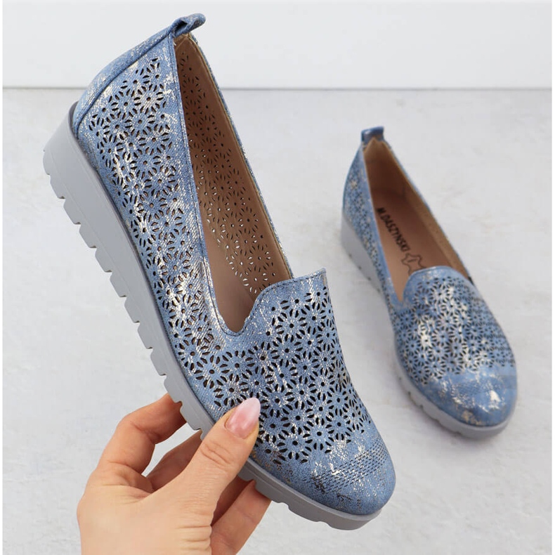 Zapatos para mujeres en la elevación del dormitorio dorado abierto M. Daszyński MR1628-20 azul 1