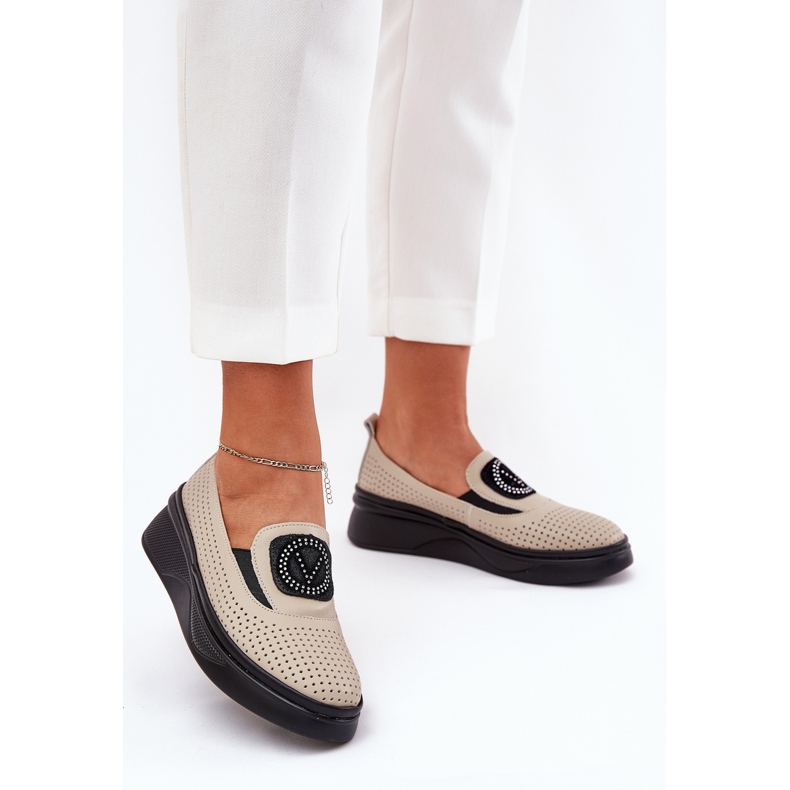 Mocasines de cuero para mujeres en la plataforma y Vinceza 79522 beige 1