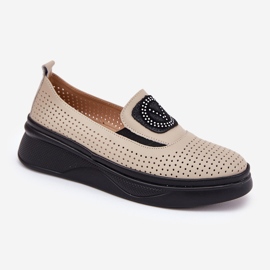 Mocasines de cuero para mujeres en la plataforma y Vinceza 79522 beige 3