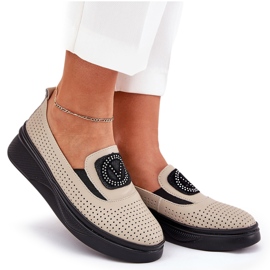 Mocasines de cuero para mujeres en la plataforma y Vinceza 79522 beige 9