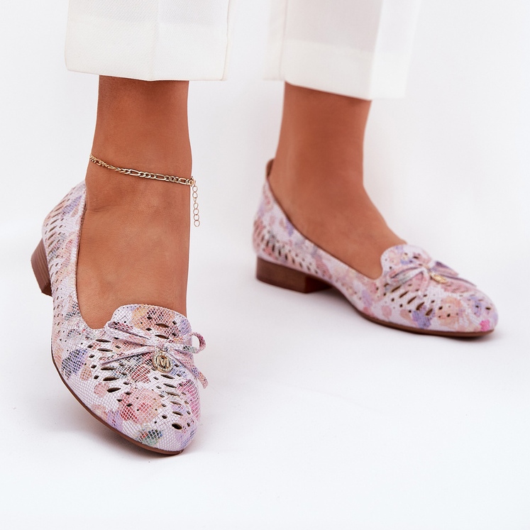 Jezzi Bailarinas de trabajo abierto con un arco de flores ecológico en gamuza amepitrea multicolor rosa 2