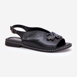 Jezzi Sandalias de mujeres brillantes con un adorno de negro plano 4
