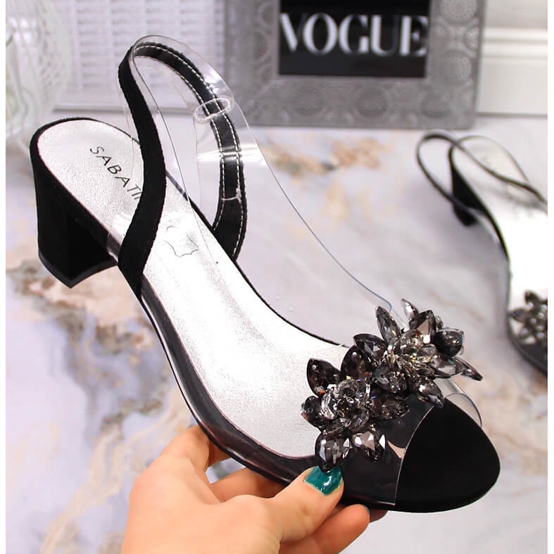 Sandalias de mujer en taco transparente con piedras en negro Sabatina 2014-600 1