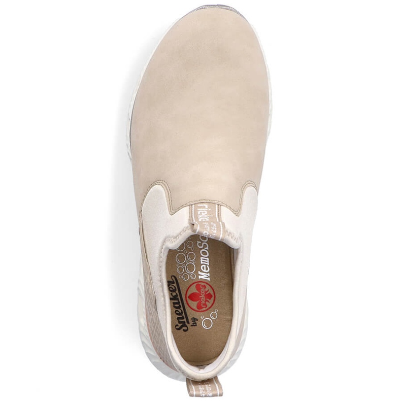 Zapatos slip-on beige cómodos y altos para mujer Rieker M6053-62 2 Zapatos slip-on beige cómodos y altos para mujer Rieker M6053-62 2