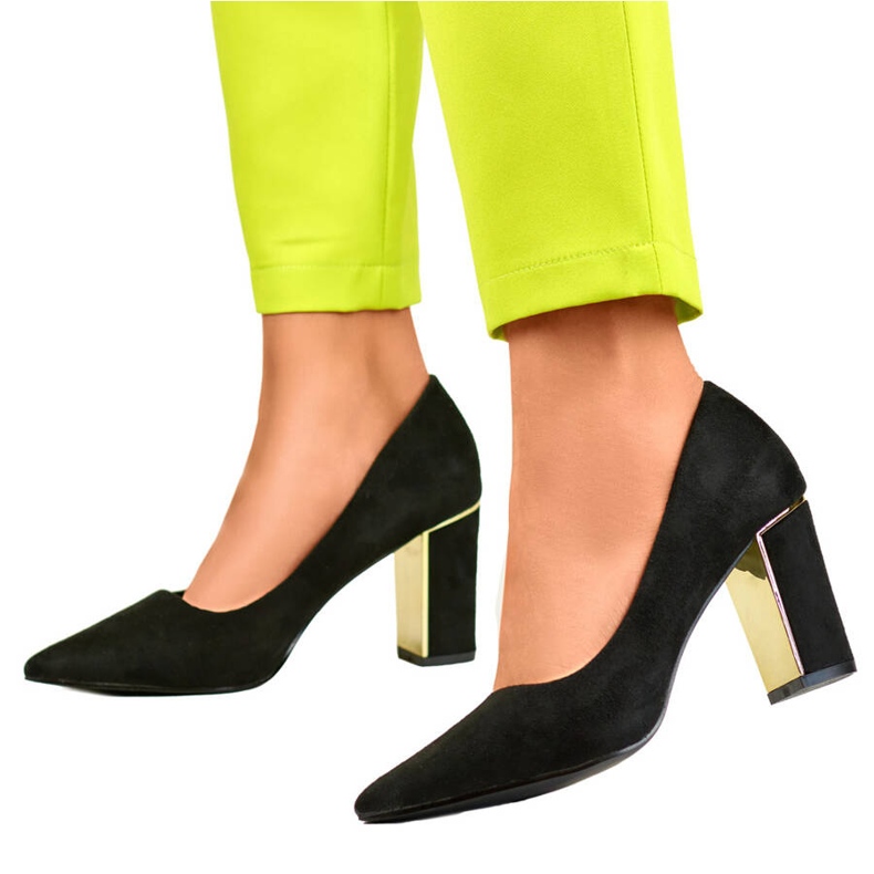 Zapatos de salón de punta para mujer con tacón alto decorativo, ante negro GD-DO112A-B 2