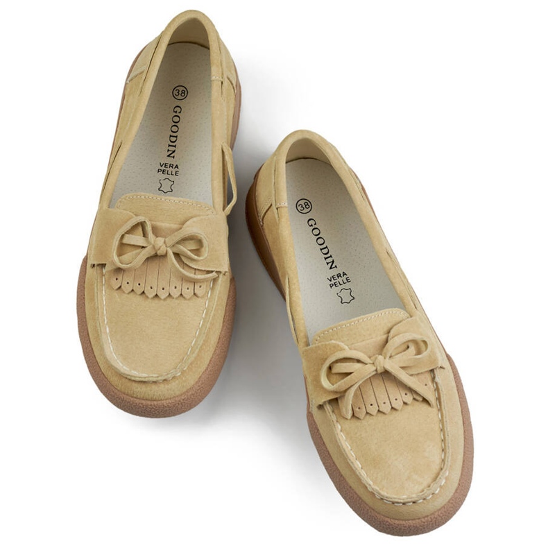 Mocasines de mujer de piel con lazo, beige Goodin GD-SW4005BE 1 Mocasines de mujer de piel con lazo, beige Goodin GD-SW4005BE 1