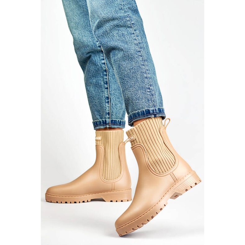 Botas de agua para mujer con parte superior elástica y calcetín, beige S23BE 2