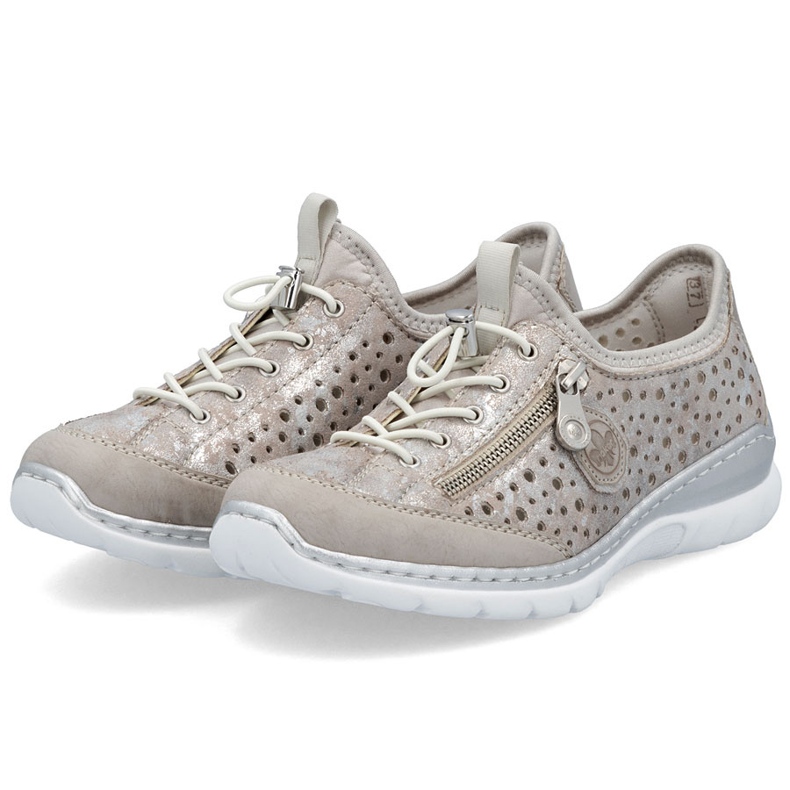Zapatos para mujeres cómodos abiertos beige plateado rieker l32p6-90 1