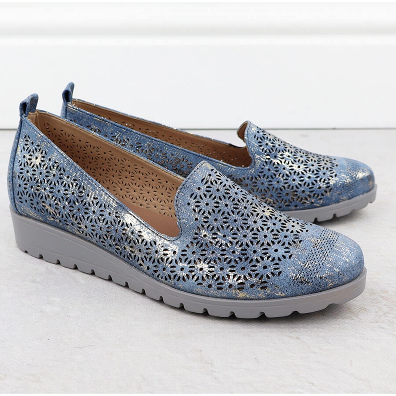Zapatos para mujeres en la elevación del dormitorio dorado abierto M. Daszyński MR1628-20 azul 2
