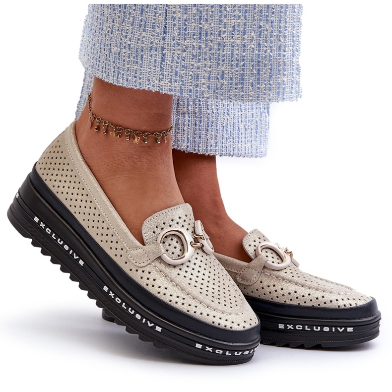 Mocasines De Mujer Piel Brillante En La Plataforma Con Decoración S.Barski LR750 Dorado 4