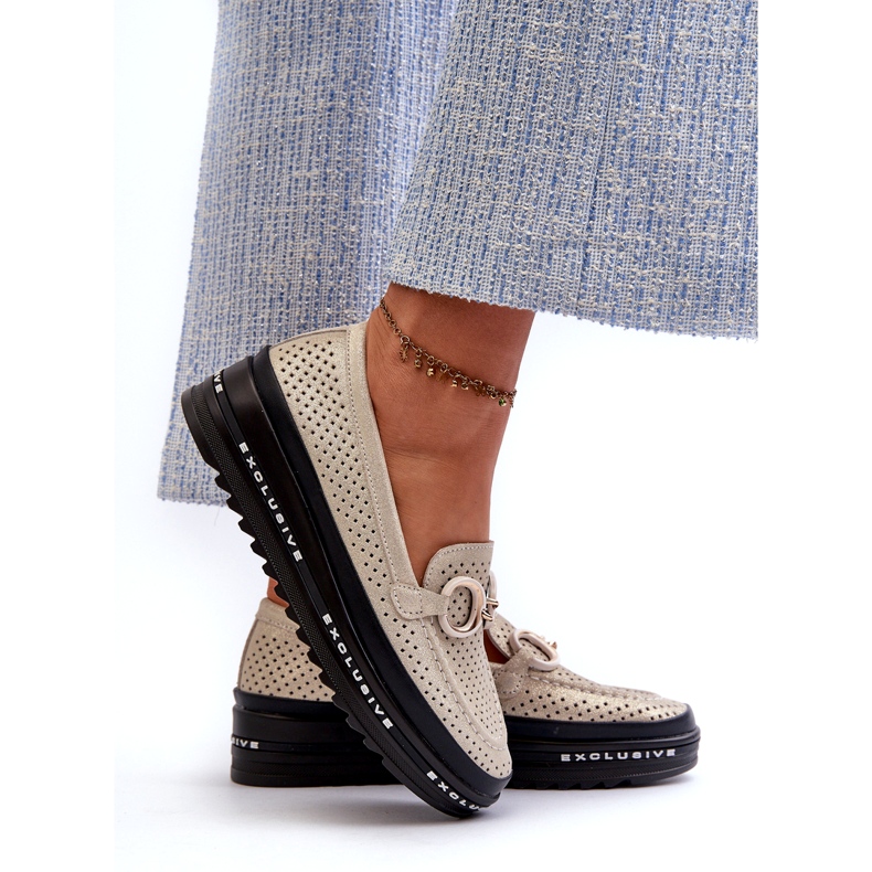 Mocasines De Mujer Piel Brillante En La Plataforma Con Decoración S.Barski LR750 Dorado 2