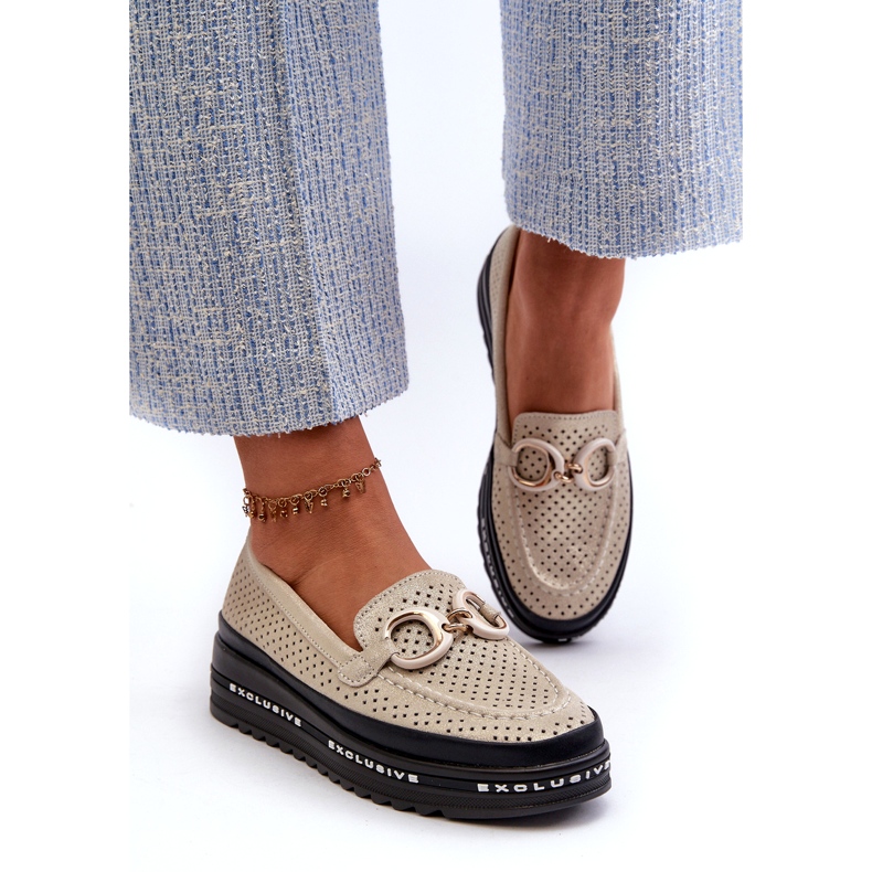 Mocasines De Mujer Piel Brillante En La Plataforma Con Decoración S.Barski LR750 Dorado 1