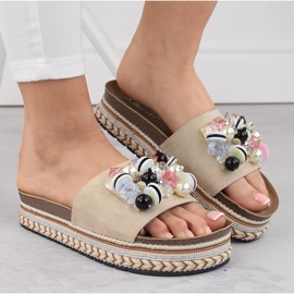 Pantuflas de mujer con plataforma y abalorios, beige S.Barski HY077 5