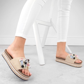 Pantuflas de mujer con plataforma y abalorios, beige S.Barski HY077 2