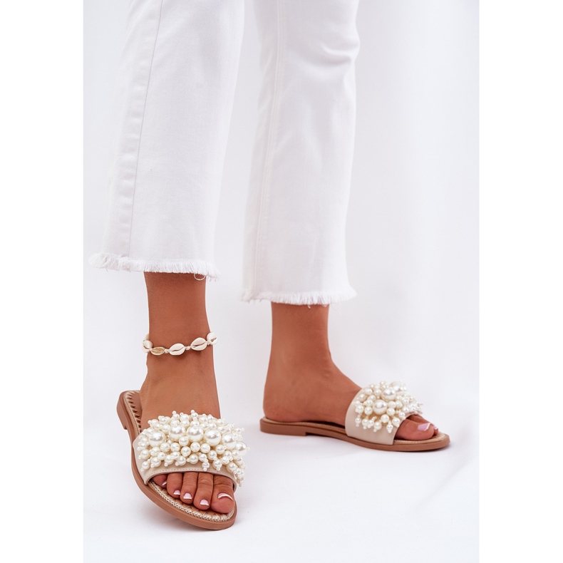 Chanclas planas para mujeres con cuentas decorativas beige 2