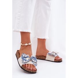 Zapatillas para mujeres con un arco en la plataforma de corcho azul beige 2