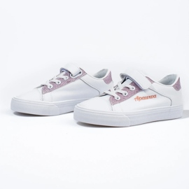 Zapatillas deportivas infantiles blancas con purpurina rosa. blanco 2