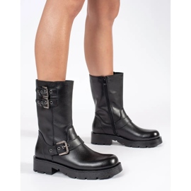 Botines de mujer de piel negra con plataforma decorada con rayas Sergio Leone negro 2