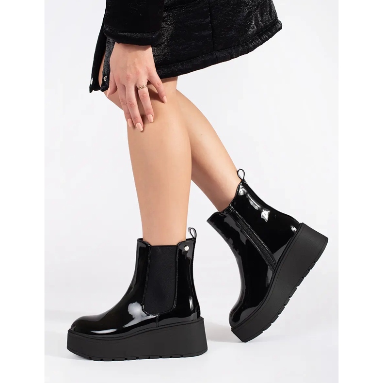 Seastar Botas Chelsea de mujer charol negro con cuña 2