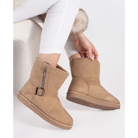 Botas de nieve de mujer beige claro con hebilla decorativa y cremallera. 1