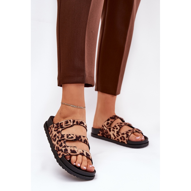 Chanclas para mujeres con rayas y hebilla con estampado de leopardo marrón 2