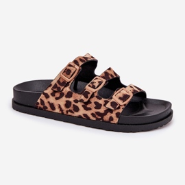 Chanclas para mujeres con rayas y hebilla con estampado de leopardo marrón 4