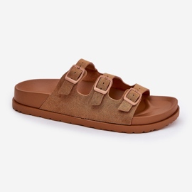 Zapatillas para mujeres con rayas y hebillas de camello marrón 4