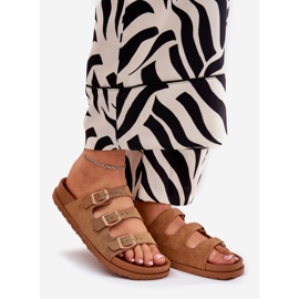 Zapatillas para mujeres con rayas y hebillas de camello marrón 1