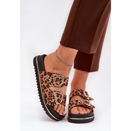 Zapatillas para mujeres con estampado de leopardo en la plataforma con abrazaderas doradas Brown marrón 2