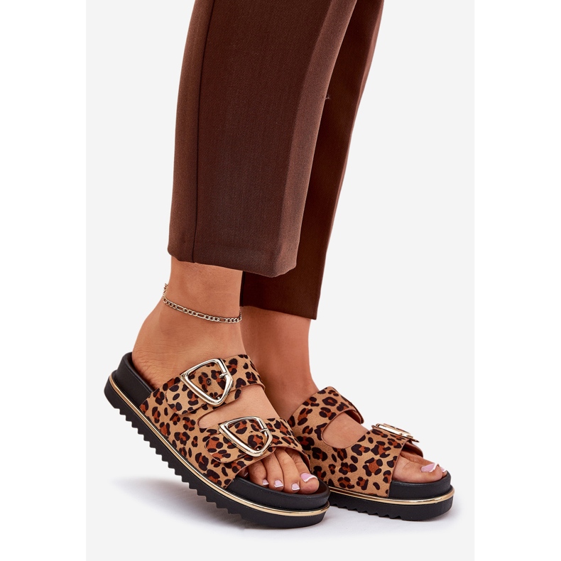 Zapatillas para mujeres con estampado de leopardo en la plataforma con abrazaderas doradas Brown marrón 1