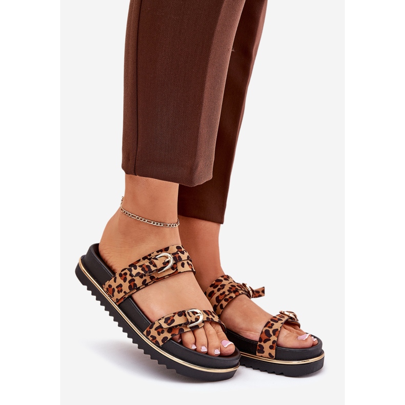 Zapatillas para mujeres con estampado de leopardo en la plataforma con rayas y abrazaderas Brown marrón 1