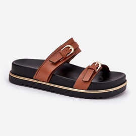 Chanclas suaves para mujeres en la plataforma con rayas y abrazaderas camel marrón 4