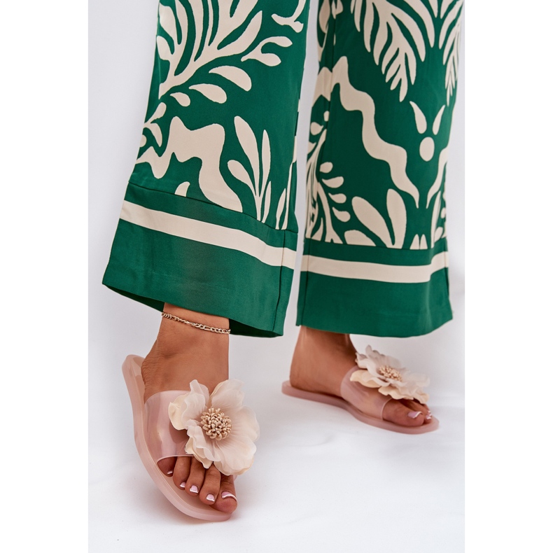 Chanclas de mujeres planas transparentes con flor desnuda artificial beige 2 Chanclas de mujeres planas transparentes con flor desnuda artificial beige 2