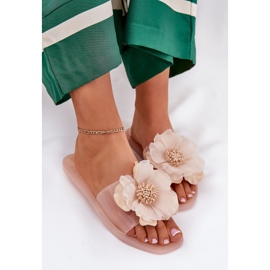 Chanclas de mujeres planas transparentes con flor desnuda artificial beige 8
