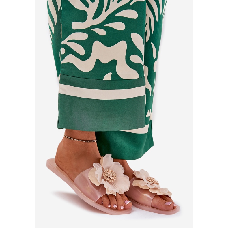 Chanclas de mujeres planas transparentes con flor desnuda artificial beige 1 Chanclas de mujeres planas transparentes con flor desnuda artificial beige 1