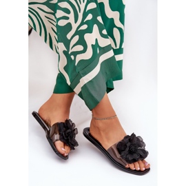 Chanclas de mujeres planas transparentes con flores artificiales negros 7