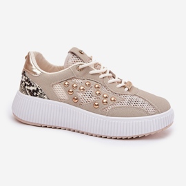 Zapatos deportivos femeninos con tachuelas de malla y beige 4