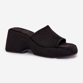 Zapatillas para mujeres de gamuza ecológica en la plataforma y cuñas negras negro 4