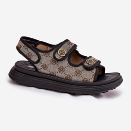 Sandalias de material estampado para mujeres con detalles dorados beige-negros 4