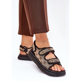 Sandalias de material estampado para mujeres con detalles dorados beige-negros 5