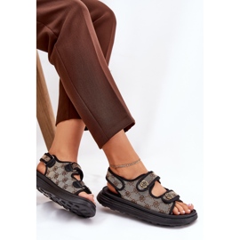 Sandalias de material estampado para mujeres con detalles dorados beige-negros 8