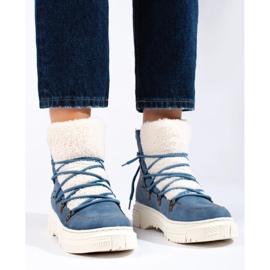Botas de nieve de mujer azules con piel de oveja. 5