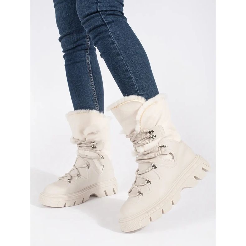 Seastar Botas de nieve de mujer con cordones beige y pelo en la plataforma 1