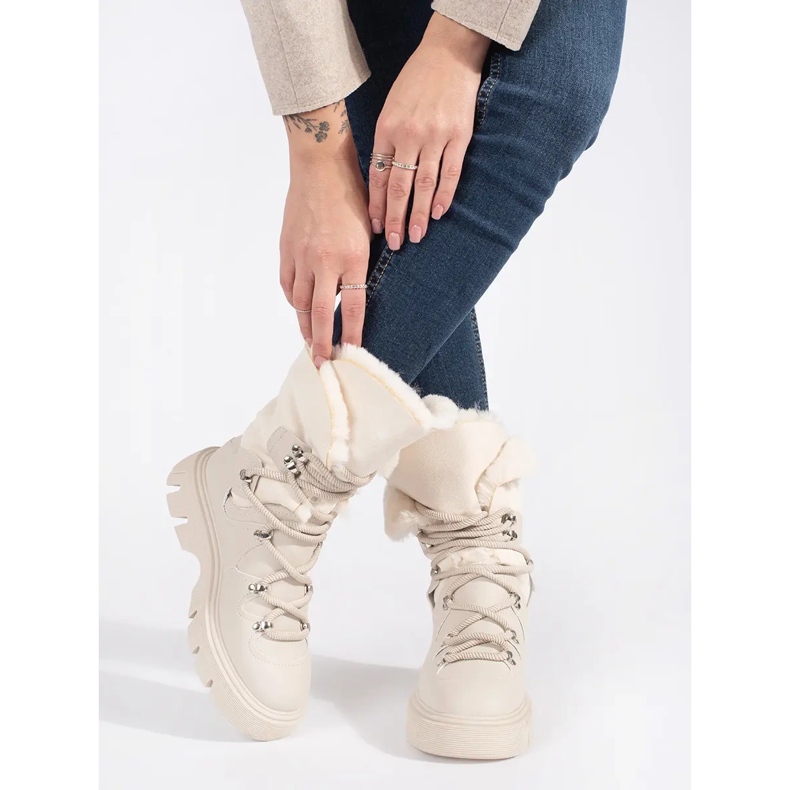 Seastar Botas de nieve de mujer con cordones beige y pelo en la plataforma 2