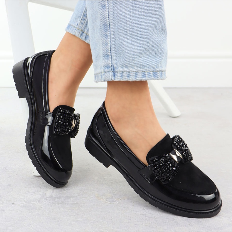 Moccasins zapatos para mujeres barnizados con un arco negro s.barski hy51-319 1