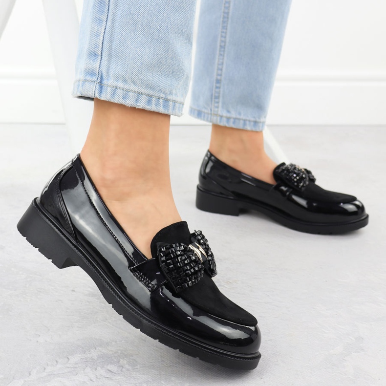 Moccasins zapatos para mujeres barnizados con un arco negro s.barski hy51-319 2