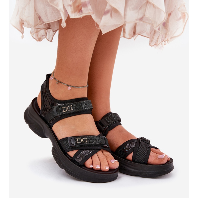 Sandalias para mujeres con lentejuelas de velcro negro 2