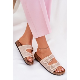 Material de mujeres chanclas en una plataforma de corcho con hebillas beige 7